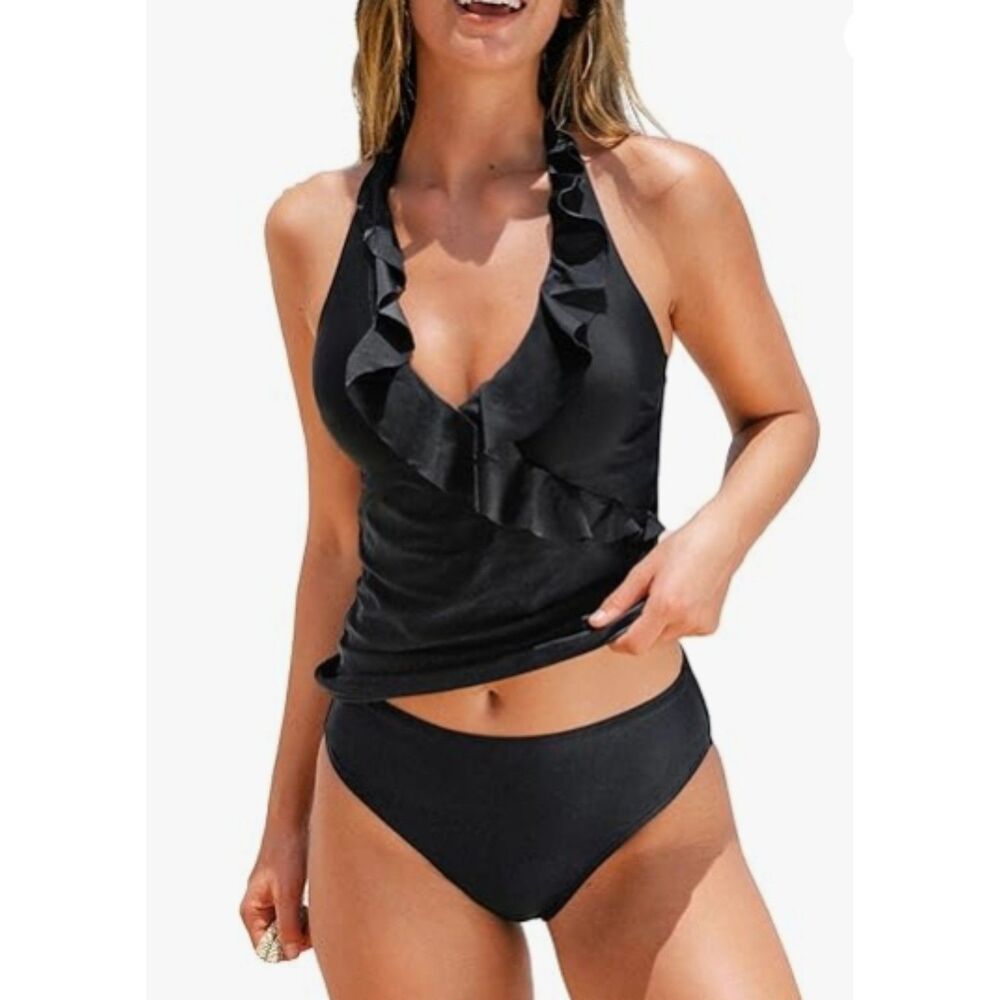 CUPSHE Women's Ruffled Halter Low Back Tankini Two Piece Swimsuit Set- XS